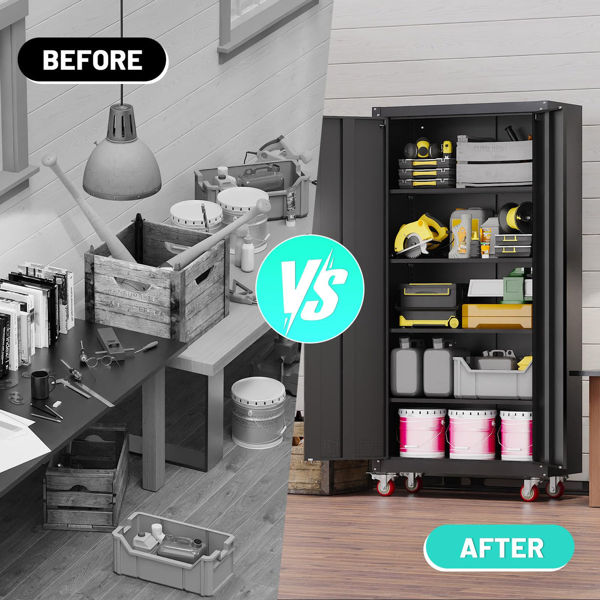 Eltean Metal Garage Cabinets with Wheels| 71" Steel Lockable Garage Storage Cabinet with 4 Adjustable Shelves, Heavy-Duty Tool Storage Cabinet for Home, Basement, Workshop (Black) Eltean