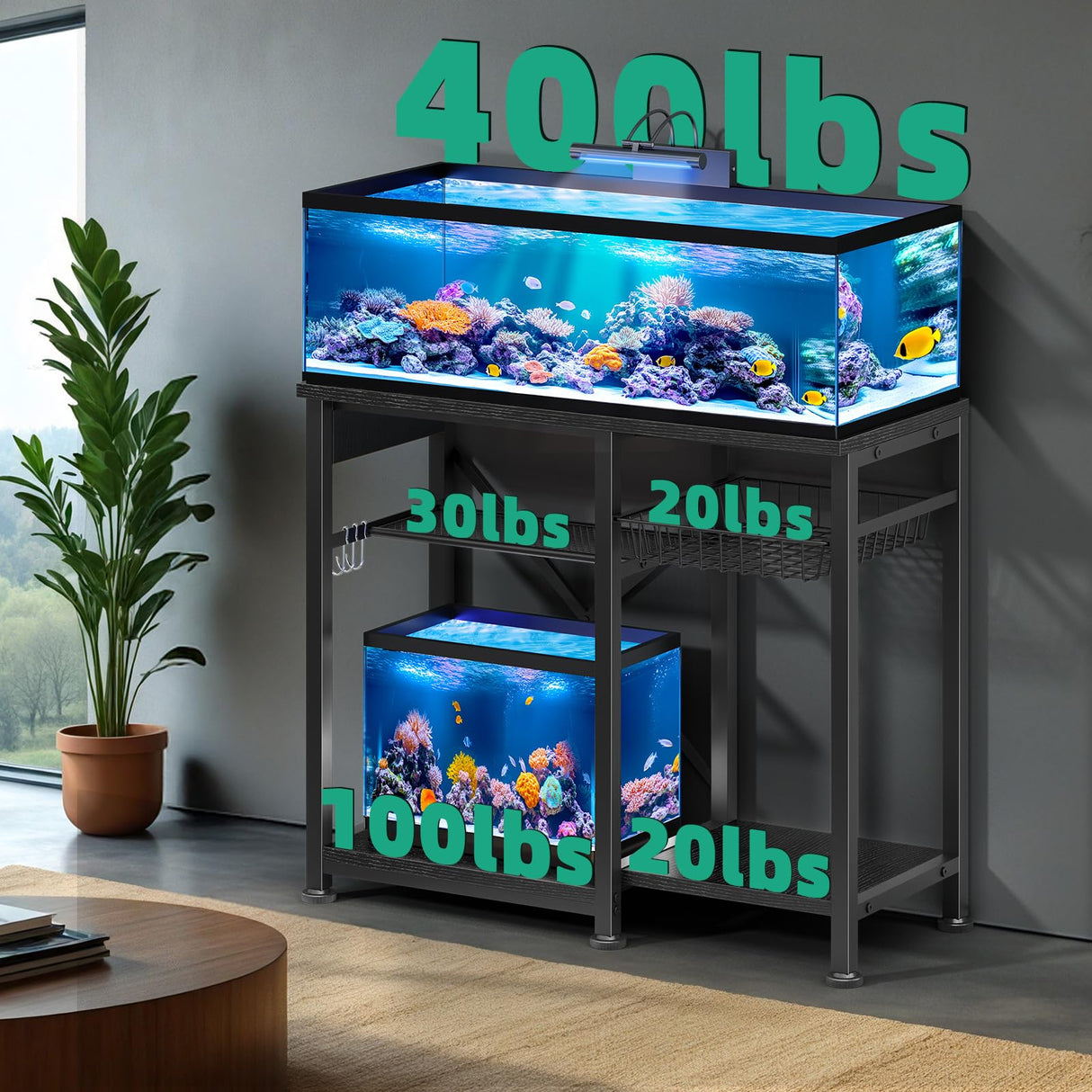 20-29 Gallon Aquarium Stand with 6 ft Power Strip, 5-Tier Metal Frame Fish Tank Stand 20 Gallon Fish Tank Stand 31.5" L*15.75" W Tabletop 400lbs Capacity (Pure Black, 20-29 Gallon) Kalrin