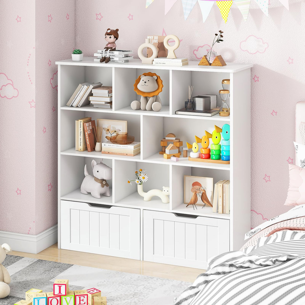 Befrases Toy Storage Organizer with Bookshelf, Large Toy Organizers and 2 Movable Drawers with Hidden Wheels and 8 Storage Cubbies, Kids Bookshelf and Toy Storage Chest, Playroom Furniture, White Befrases