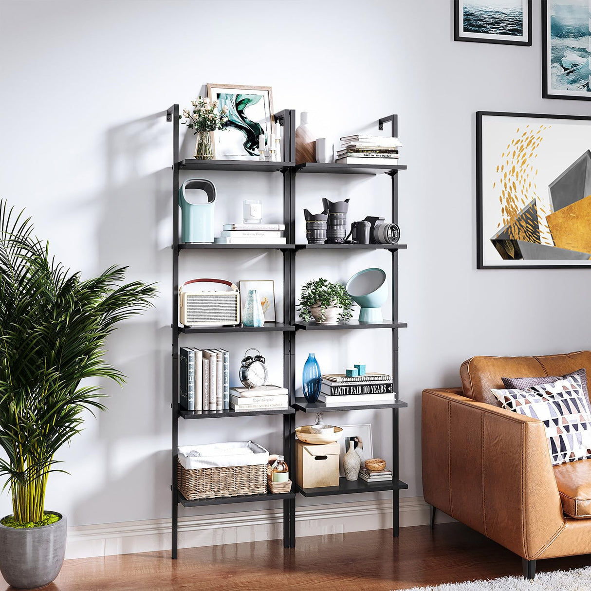 ODK 5-Tier Ladder Bookcase, Industrial Storage Shelf with Metal Frame for Living Room, Home Office, Kitchen & Bedroom, Space Saving Freestanding Organizer Rack, Black (8" D x 16" W x 74" H) ODK