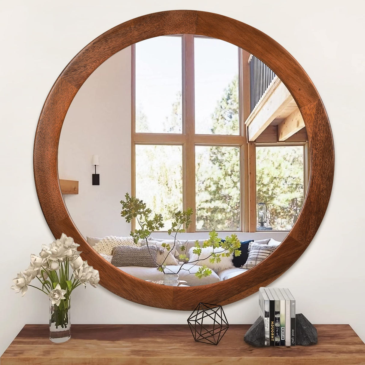 CULER Round Mirrors 30 Inch,Wood Vanity Wall Rustic Mirror with Walnut Frame, Wooden Mirror for Bathroom Bedroom Living Room Or Entryway(Walnut Brown) CULER