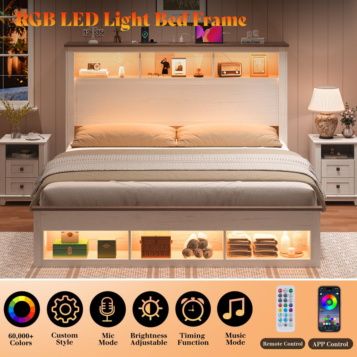 AMERLIFE King Size Bed Frame with Bookcase Storage Headboard and Footboard, LED Platform Bed with Charging Station, No Box Spring Needed, Noise Free, Distressed White AMERLIFE