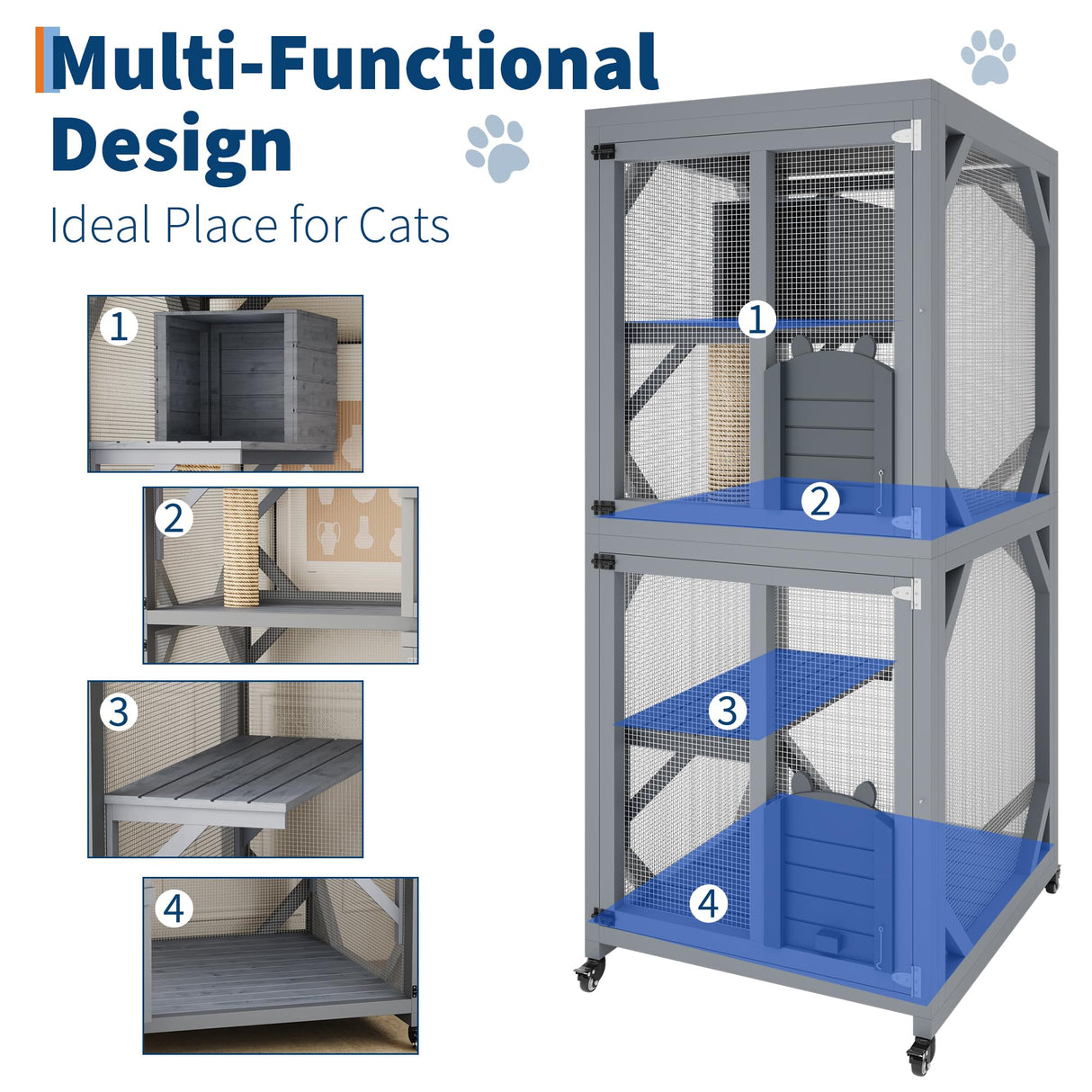 4 Tier Wood Catio Outdoor Window Cat Enclosure, Cat House On Wheels with Scratch Post, Resting Box, 4 Platforms, 2 Sliding Doors & Weatherproof Roof, Cats Kitty Condo Cage Shelter Playpen CuisinSmart