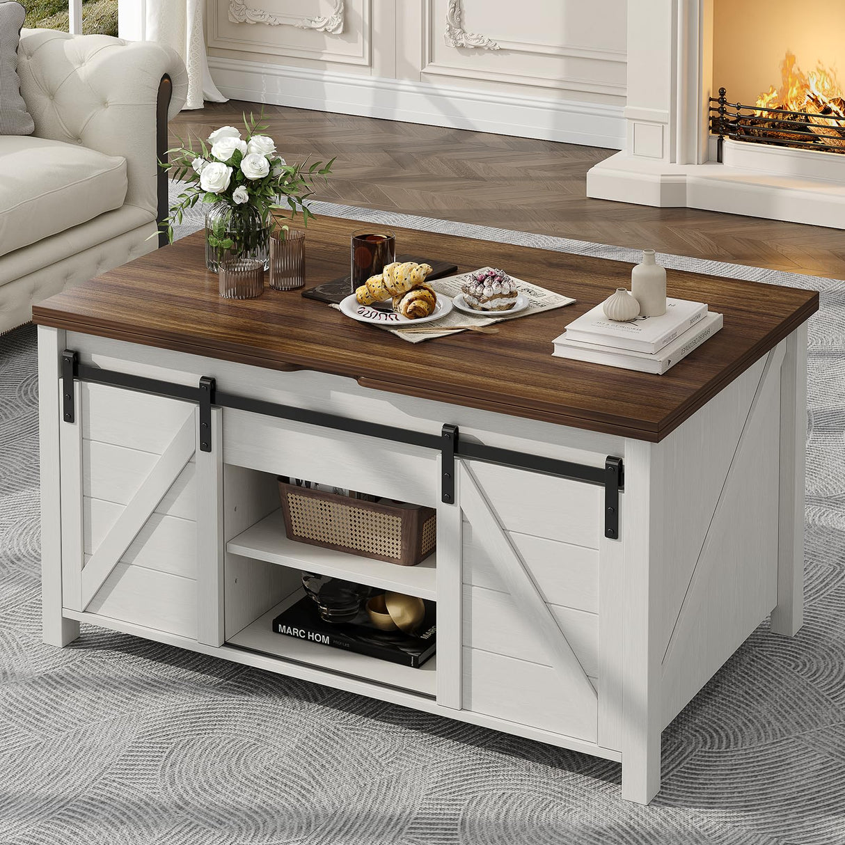 ONBRILL Farmhouse Lift Top Coffee Table with Sliding Barn Door,Rustic Center Table with Hidden Storage Compartment,Storage Coffee Table Converts to Dining Table for Living Room,Office,White and Brown ONBRILL