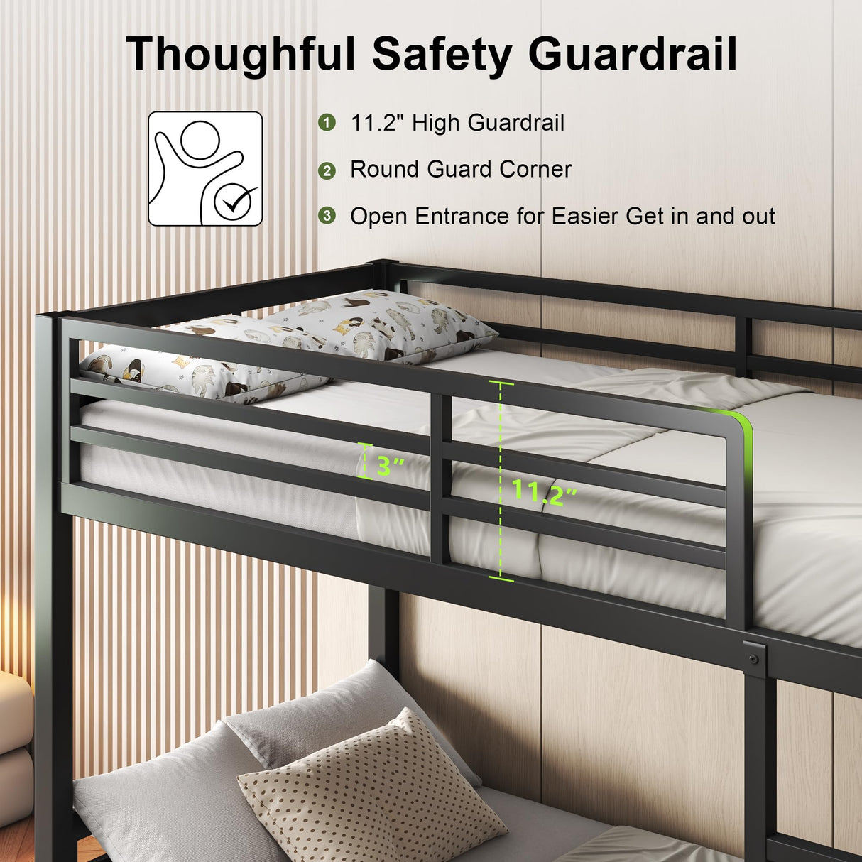 Feonase Metal Bunk Bed Twin Over Twin with Ladder and High Guardrail, Heavy-Duty Bunk Bed Frame with Metal Slats, Noise Free, No Box Spring Needed, for Kids and Juniors, Black Feonase