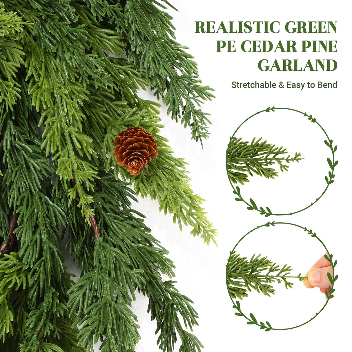 2PCS Christmas Garland, Cedar Garland -Realistic Greenery Cypress Pine Garland with Pinecone for Mantle Table Railing Fireplace Indoor & Outdoor Christmas Decoration Alupssuc