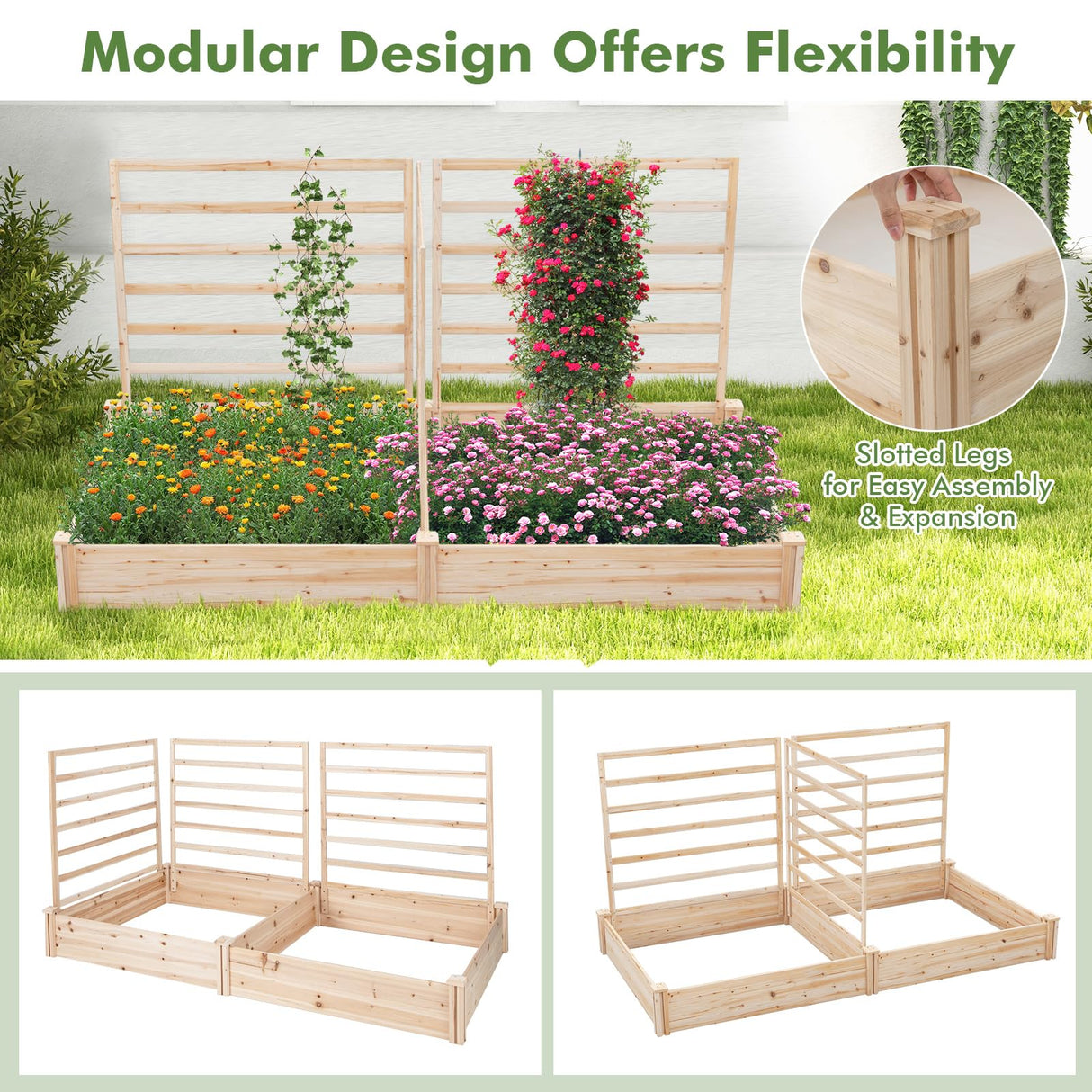 HAPPYGRILL Raised Garden Bed with 3 Trellises, Outdoor Wood Raised Bed w/ 2 Planter Boxes for Flowers, Vegetables, Fruits Climbing Vines, Elevated Garden Box for Yard Patio, 88" L x 45" W x 43" H HAPPYGRILL