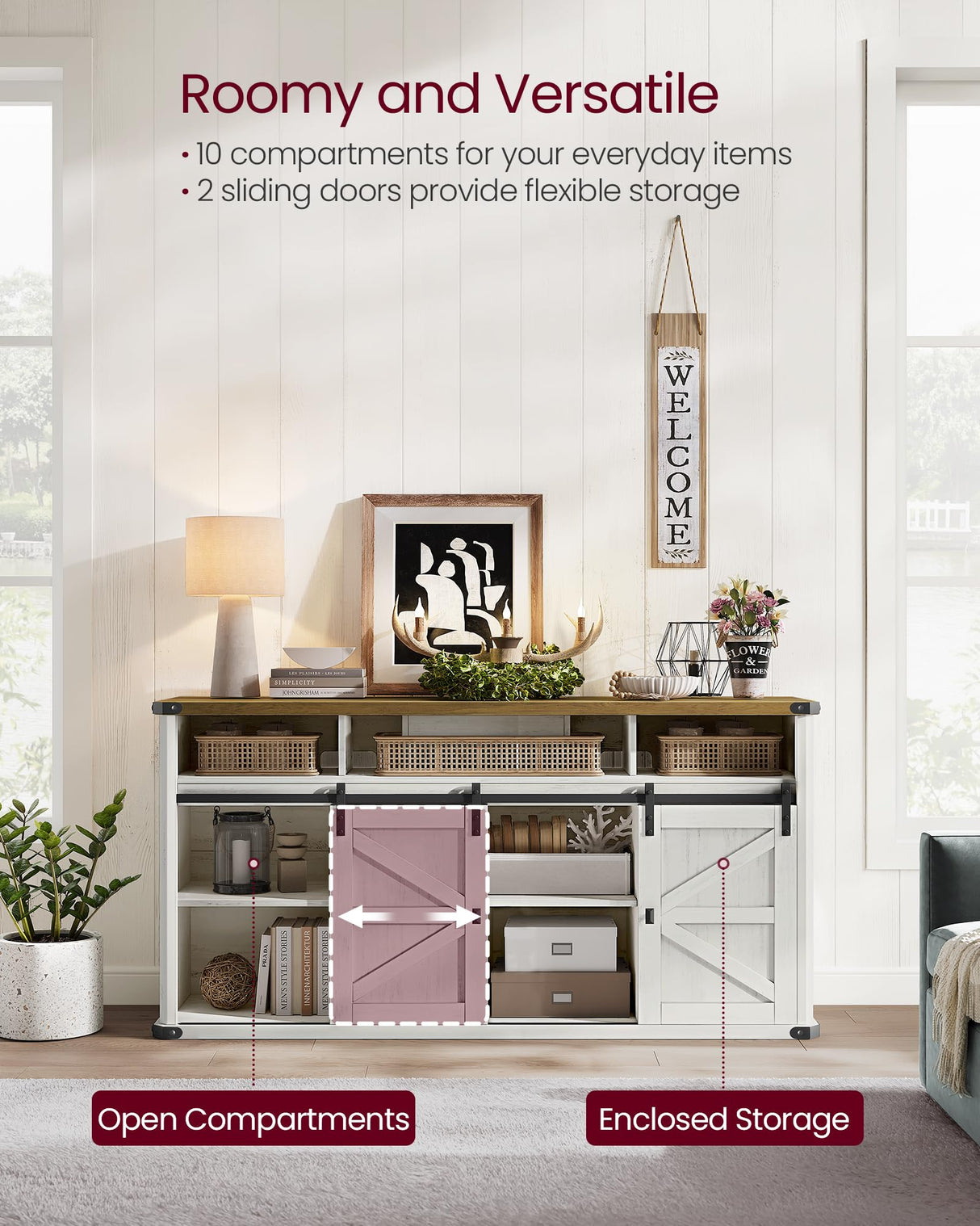 VASAGLE TV Stand for TVs up to 65 Inches, Farmhouse Entertainment Center with Sliding Barn Doors, TV Console Table for Living Room, Rustic White and Honey Brown ULTV322W73 VASAGLE