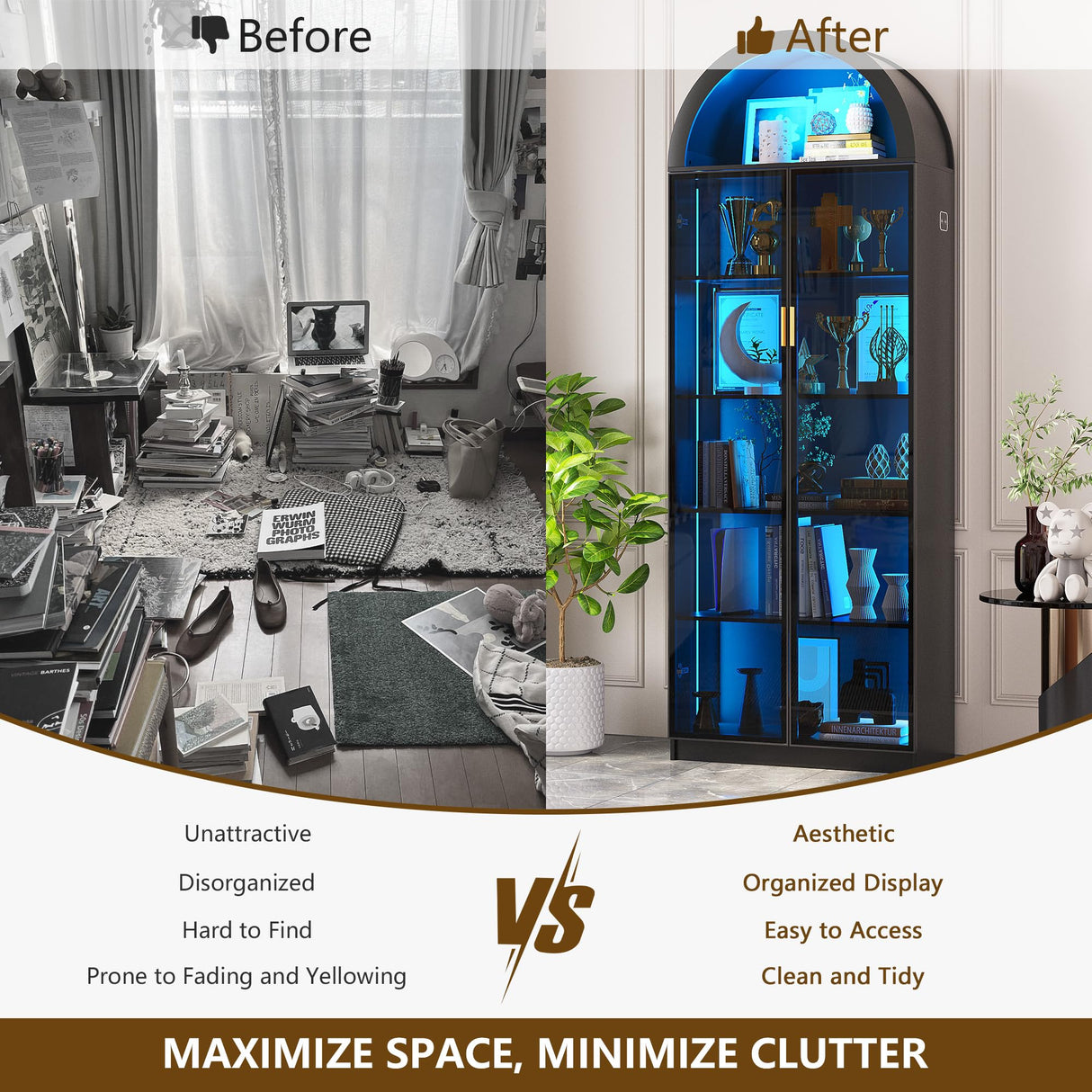 FREDEES Arch Display Cabinet with Doors, 76" Tall Display Case with Adjustable Shelves/3 Colors LED Lights, 6 Tier Bookcase for Collectibles Bedroom Living Room Office, Black FREDEES