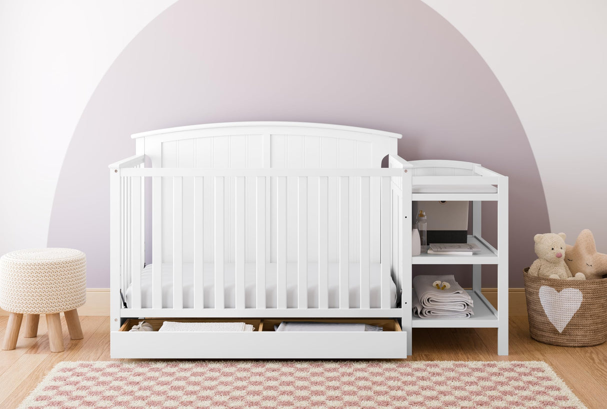 Storkcraft Steveston 5-in-1 Convertible Crib and Changer with Drawer (White) – GREENGUARD Gold Certified, Crib and Changing Table Combo with Drawer, Converts to Toddler Bed, Daybed and Full-Size Bed Storkcraft