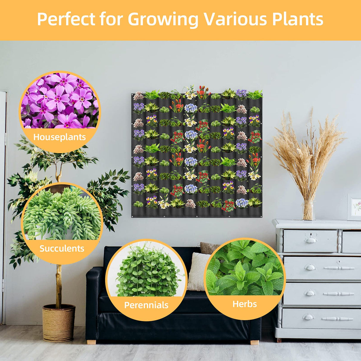 Hanging Planting Grow Bags, 90 Pockets Wall Planter Wall Mounted Grow Bag Outdoor Indoor Gardening Vertical Greening Flower Container, Planting Bags Storage Bags(1.1 m × 1.1 m, Black) LITLANDSTAR