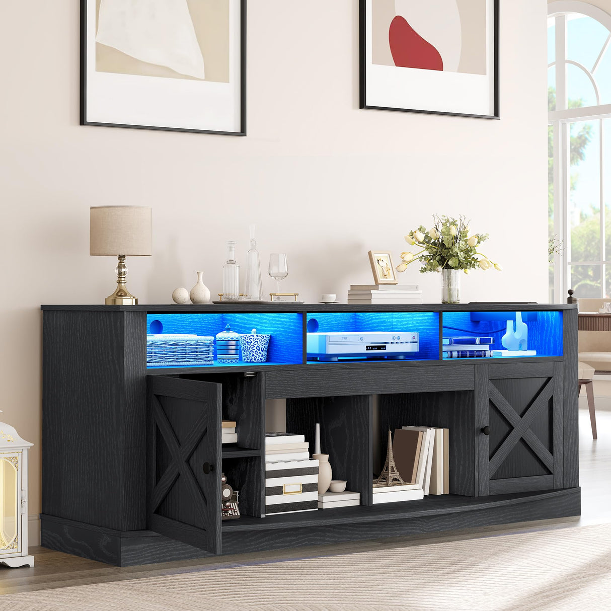 YITAHOME TV Stand for 75/80 Inch TV, Black Entertainment Center 70 Inches Wide, Media Furniture TV Table with with Power Outlet, TV Consoles for Living Room, Curved Desktop YITAHOME