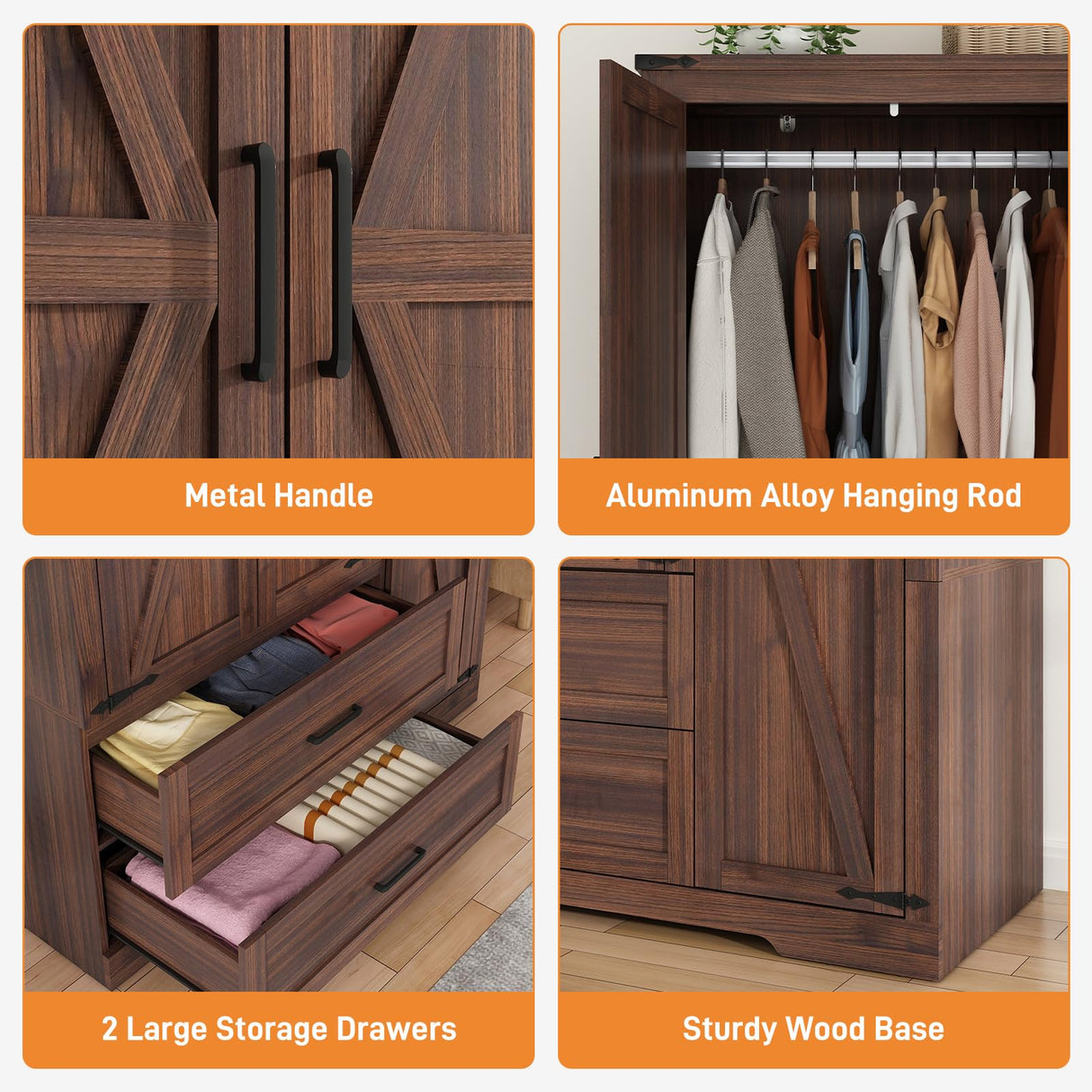 Farmhouse Wardrobe Armoire Closet with 3 Doors and 2 Drawers, 70.1" Wooden Clothing Storage Cabinet, Freestanding Large Capacity Storage Wardrobe Armoire with Hanging Rod for Bedroom, Brown St.Mandyu