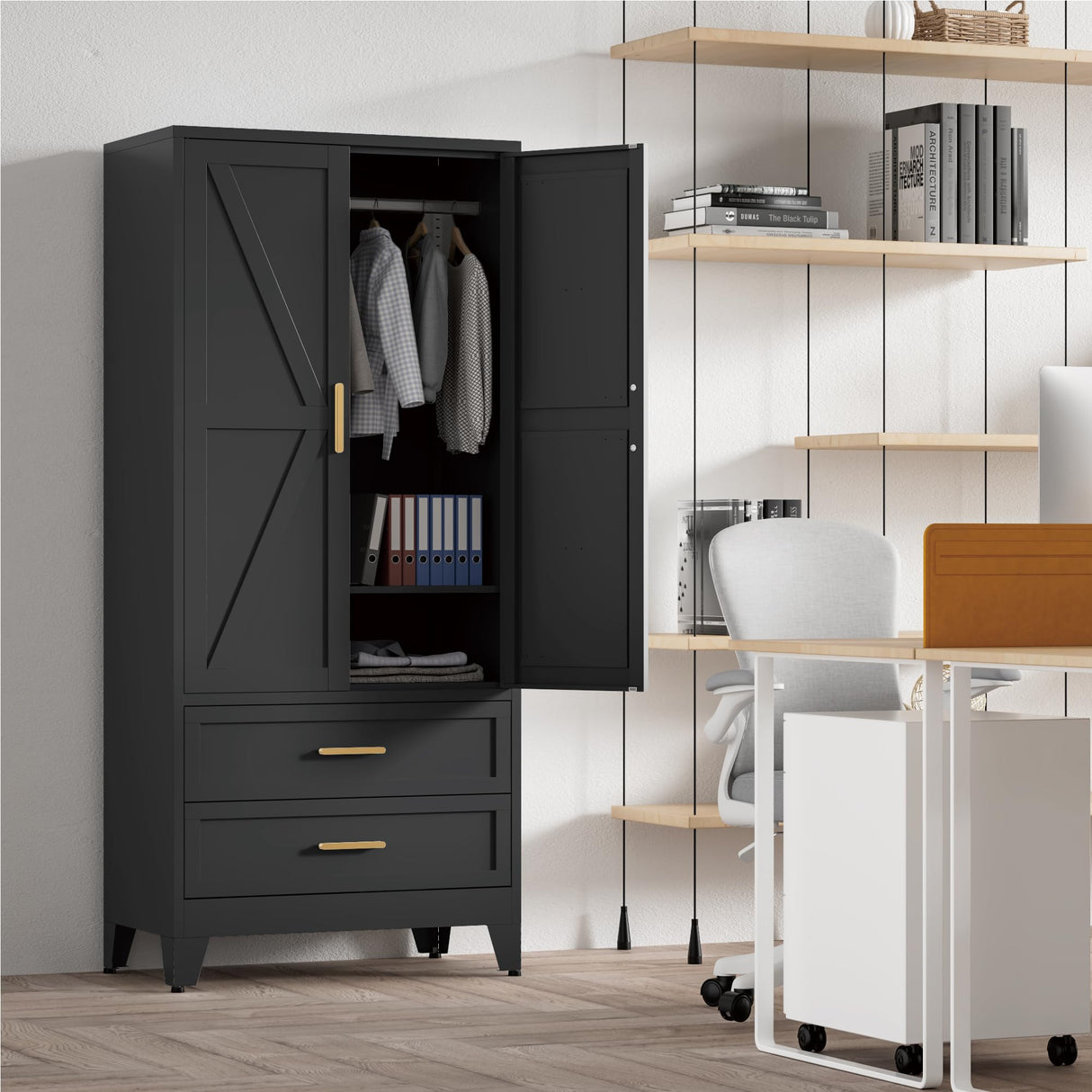 Washsemba 71'' Farmhouse Metal Wardrobe Cabinet with Hanging Rod, 2 Barn Door Wardrobe Closet with Adjustable Shelves,2 Drawer,for Dining Room,Bedroom,Living Room, Cloak Room,Office (Black) Washsemba