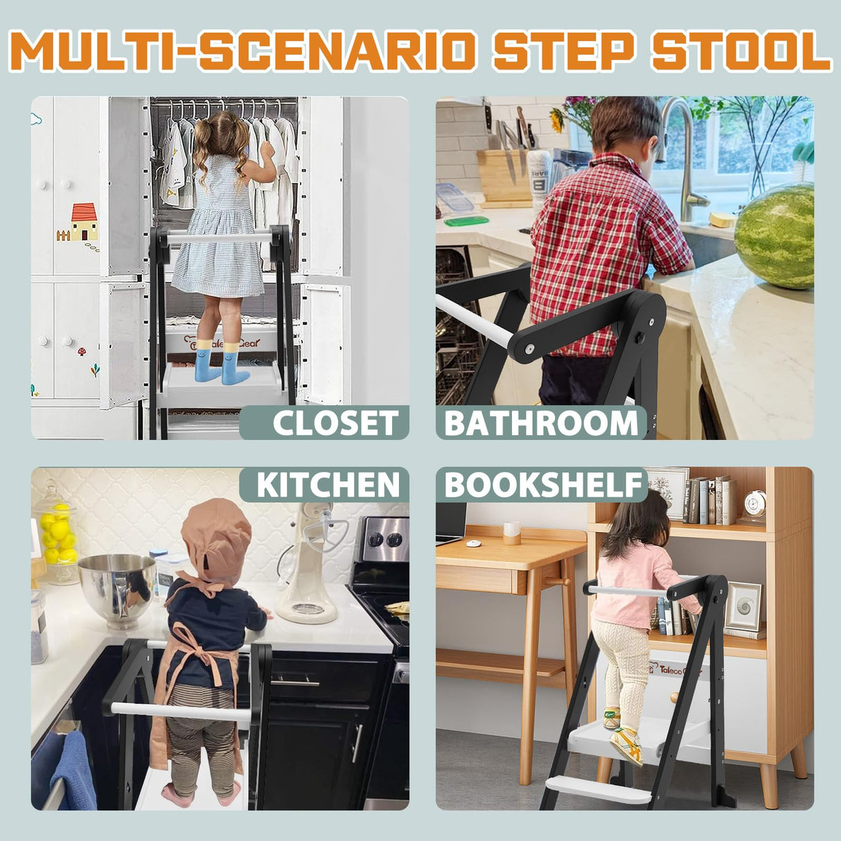 Foldable Toddler Kitchen Stool Helper, Toddler Tower with 3 Adjustable Height, Wooden Toddler Step Stool, Collapsible Toddler Tower, Toddler Stool for Kitchen and Bathroom CaMecequter