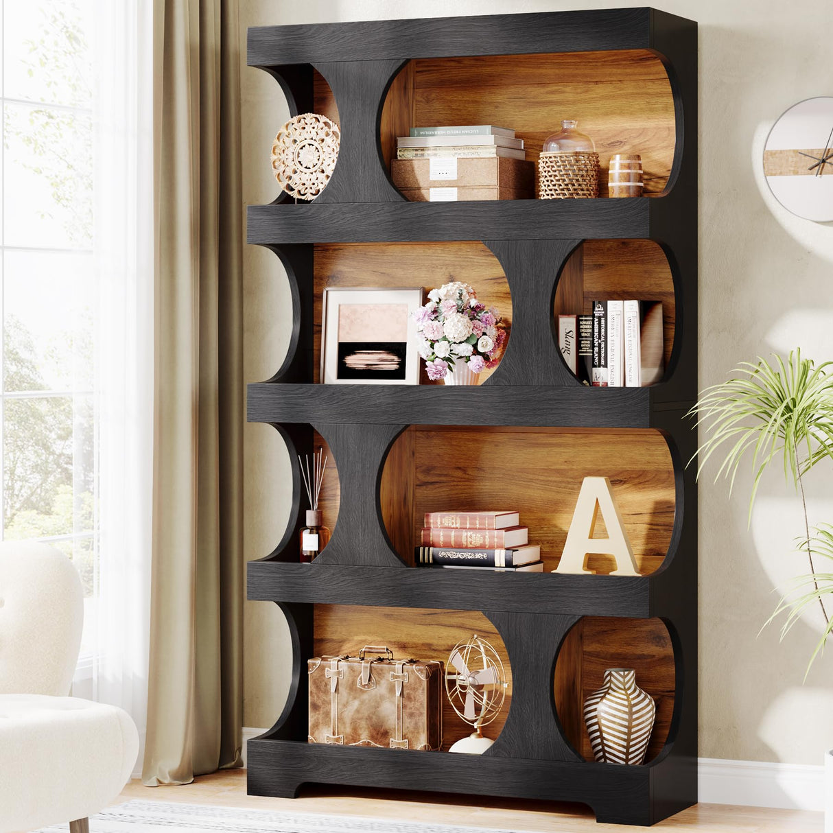 Tribesigns 71" Modern S-Shaped Tall Bookcase – 4-Tier Decorative Storage Shelf in Black Tribesigns