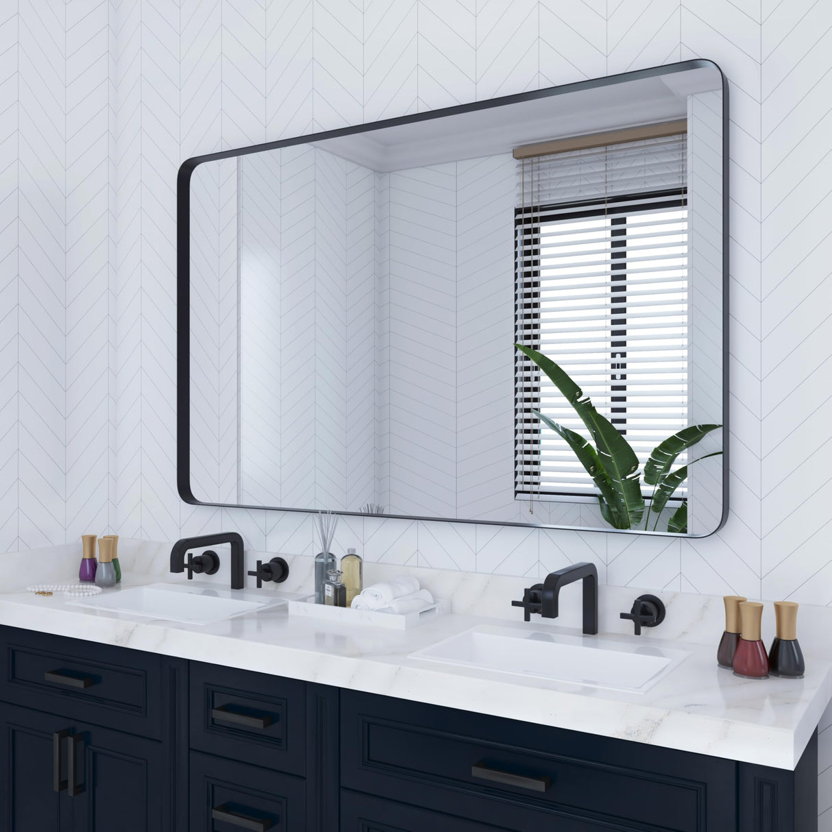 VocalStar 55 x 36 Inch Black Bathroom Mirror for Wall, Large Rounded Rectangle Metal Framed Bathroom Wall Vanity Mirror Farmhouse, 1/4-inch Shatterproof Glass | Ultra-Flush Hanging VocalStar