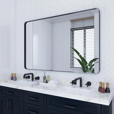 VocalStar 55 x 36 Inch Black Bathroom Mirror for Wall, Large Rounded Rectangle Metal Framed Bathroom Wall Vanity Mirror Farmhouse, 1/4-inch Shatterproof Glass | Ultra-Flush Hanging