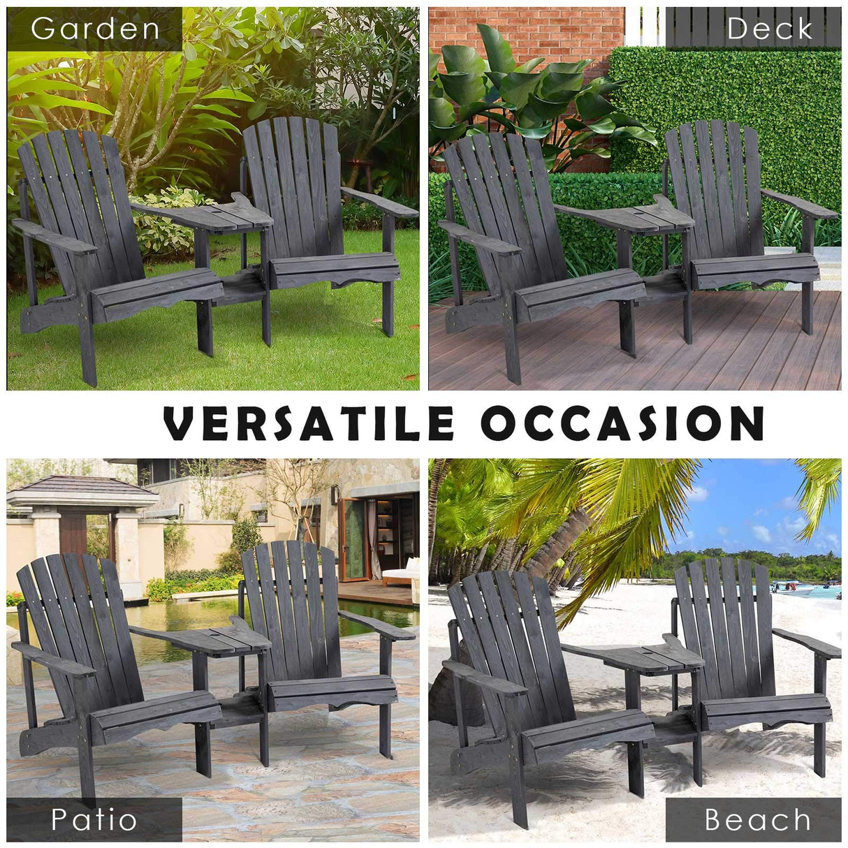 Outsunny Wooden Adirondack Chairs for Two People, Outdoor Fire Pit Chair with Table & Umbrella Hole, Patio Chair for Deck Lawn Pool Backyard, Gray Outsunny