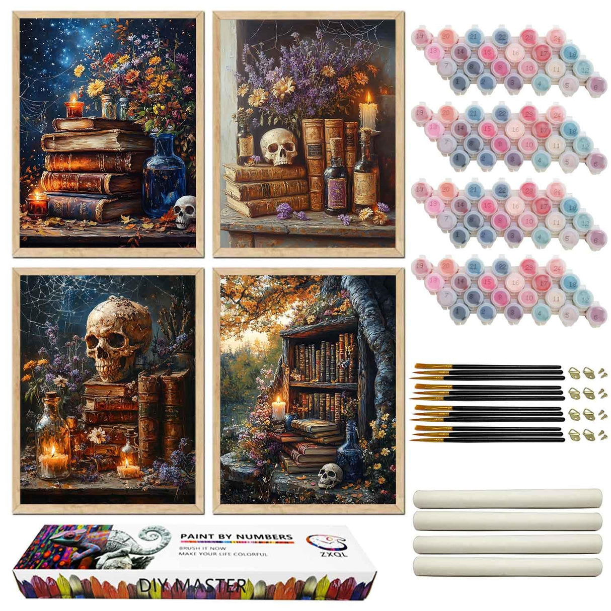 ZXQL 4 Pack Paint by Numbers Kit for Adults, Flowers and Skull DIY Adult Paint by Number Kits Pack Beginners Easy Acrylic On Canvas for Painting Home Decor Creative Wall Art 24x30 inches (mm-2) ZXQL