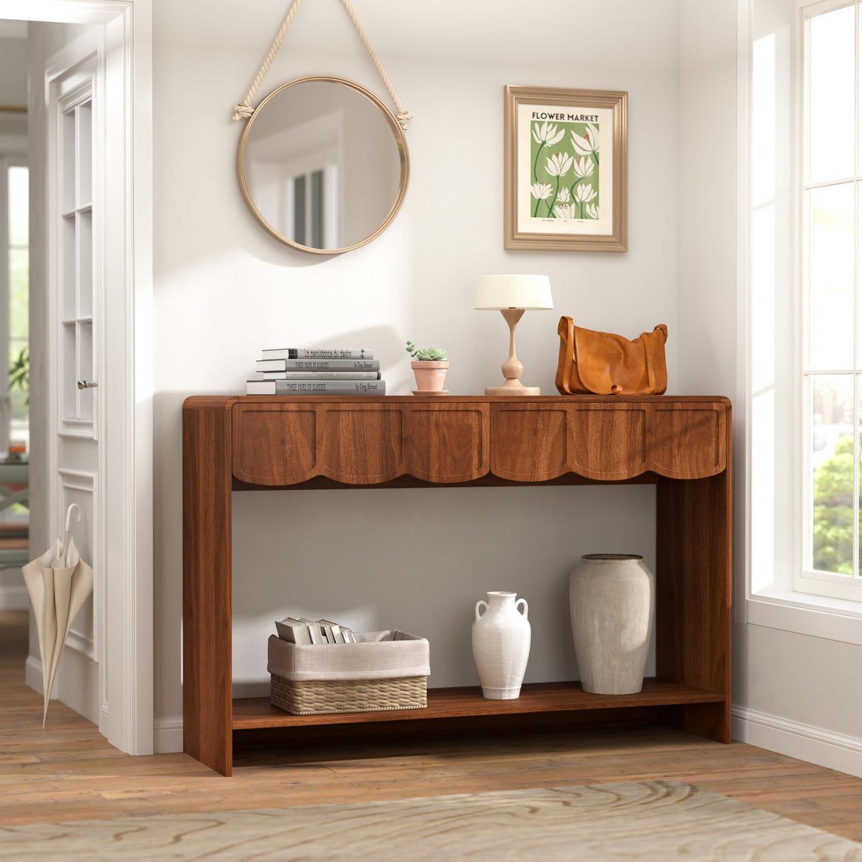 Console Table with Drawers, Mid-Century 43 Inches Narrow Entryway Table with Open Storage Shelves, Hallway Accent Table Behind Couch Table for Living Room - Walnut ORRD