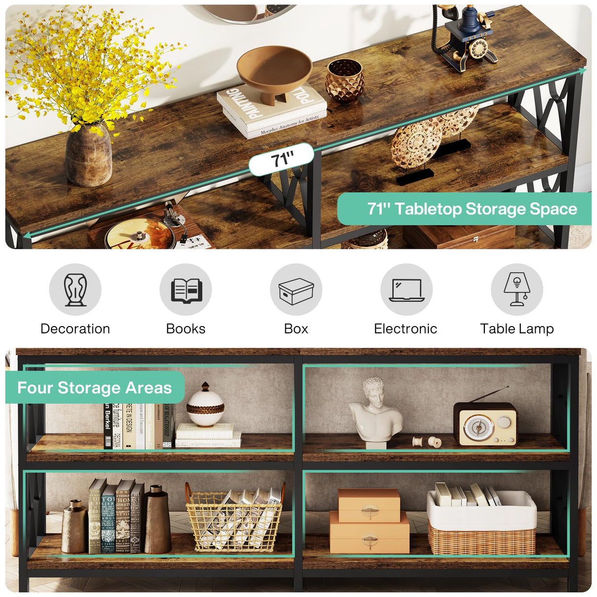 Tribesigns 70.9" Long Console Table with Storage Shelves, Industrial 3-Tier Sofa Table for Living Room, Foyer Table Entryway Table for Hallway, Front Door, Entrance, Rustic Brown & Black Tribesigns