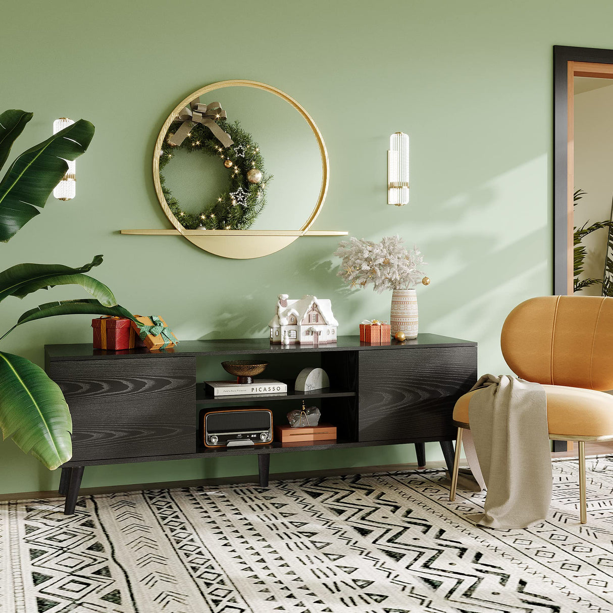 WLIVE TV Stand for 55 60 inch TV, Entertainment Center with Storage Cabinets, Rustic TV Console for Living Room Decor, Black WLIVE