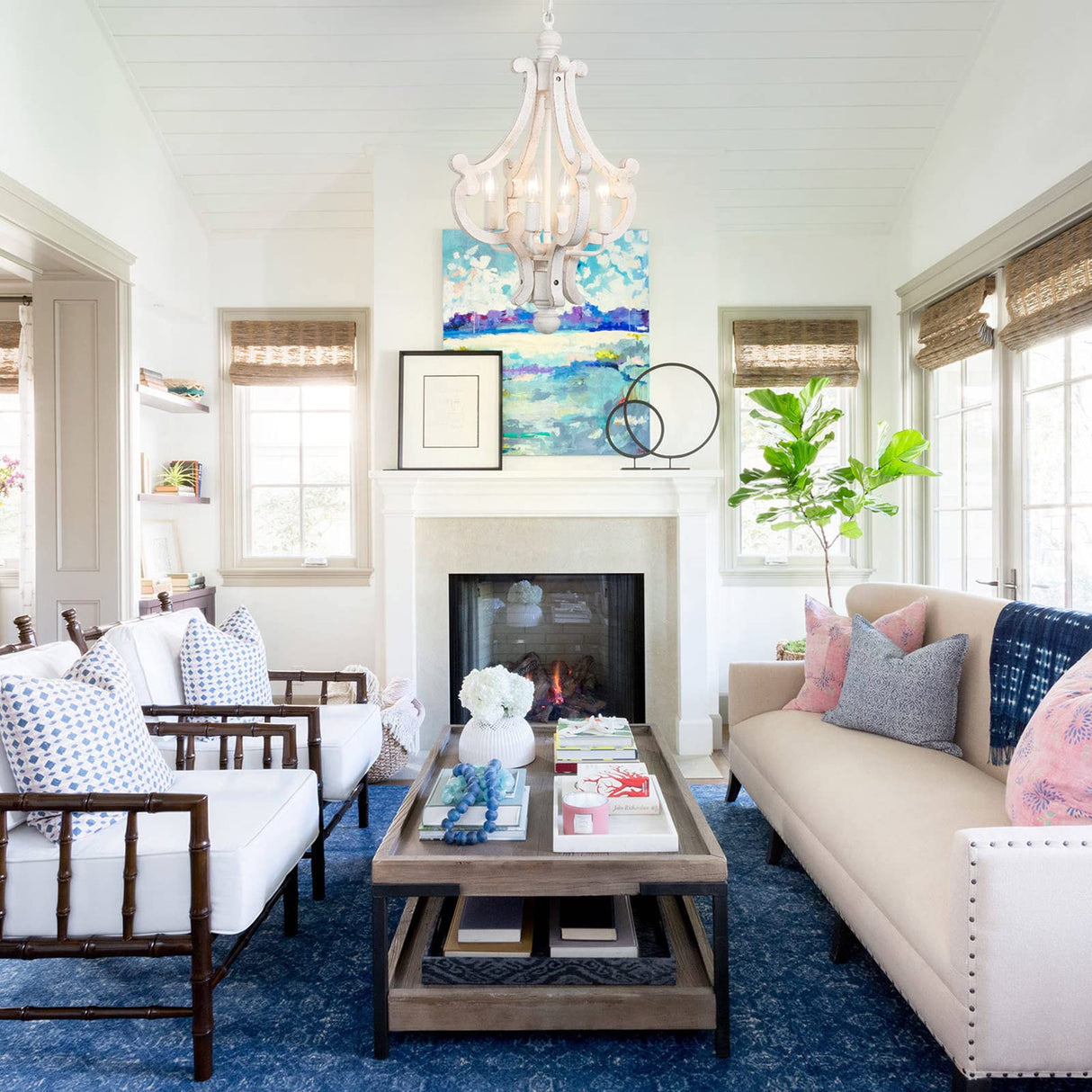 ALISADABOY Farmhouse Rustic Wood Light Fixture Distressed White Dining Room Pendant Chandelier French Country 4 Light Candle Hanging Lamp for Kitchen Island Living Room Bedroom Entryway Foyer ALISADABOY