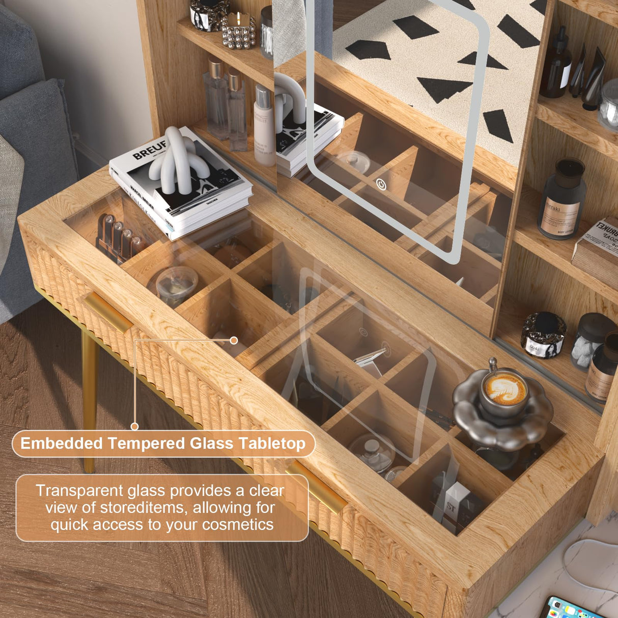 HSSZXFR 48" Fluted Makeup Vanity Desk with Mirror and Lights, Rustic Vanity Table with Modern Glass Top and Charging Station, Vanity Wooden 5 Drawers and Shelves Adjustable (Wood) HSSZXFR