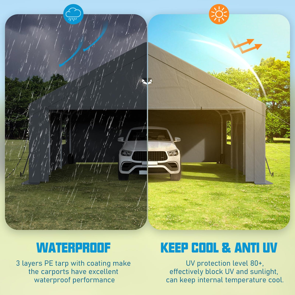 Benass 20x20 Carport Canopy, Heavy Duty Car Port, Portable Car Ports Garage with 2 Roll-Up Drive Through Doors, Grey Benass