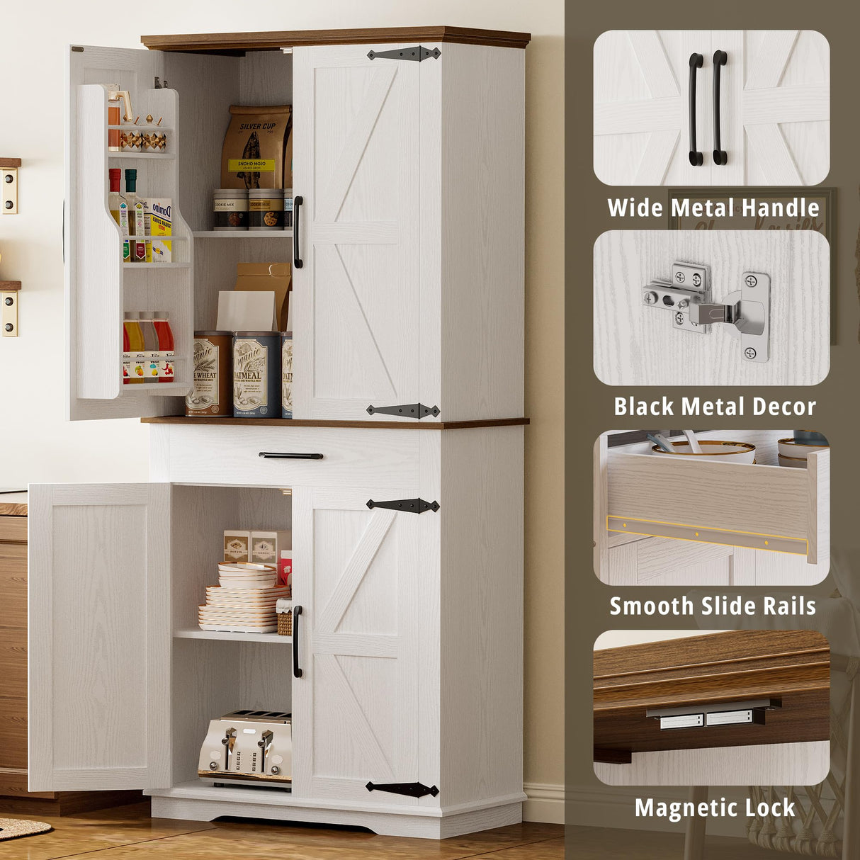 IRONCK Farmhouse Kitchen Pantry Cabinet, Tall Storage Cabinet with 6 Hanging Shelves and Adjustable Shelves, Freestanding Cupboard with Barn Doors for Kitchen, Dining Room, White/Walnut IRONCK