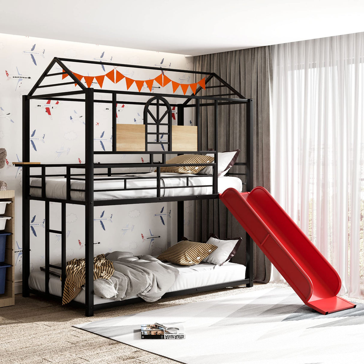 Twin Over Twin Metal Bunk Bed with Slide, House Bunk Bed with Roof and Guardrails for Kids, Teens, Girls, Boys (Black with Red Slide) Bellemave