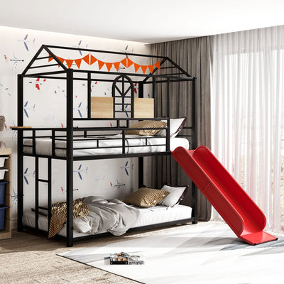 Twin Over Twin Metal Bunk Bed with Slide, House Bunk Bed with Roof and Guardrails for Kids, Teens, Girls, Boys (Black with Red Slide)