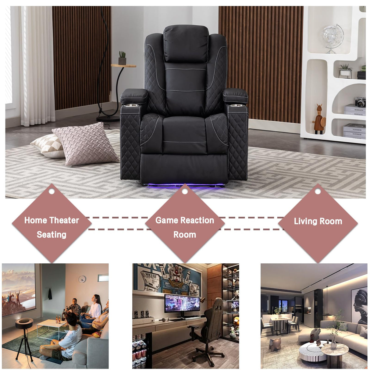 Generic SENIFIS Power Recliner Chair, Home Theater Seating Movie Theater Chairs with Adjustable Headrest, Reclining Chair for Living Room with LED Light, USB Port, Storage Armrest (Black) Generic