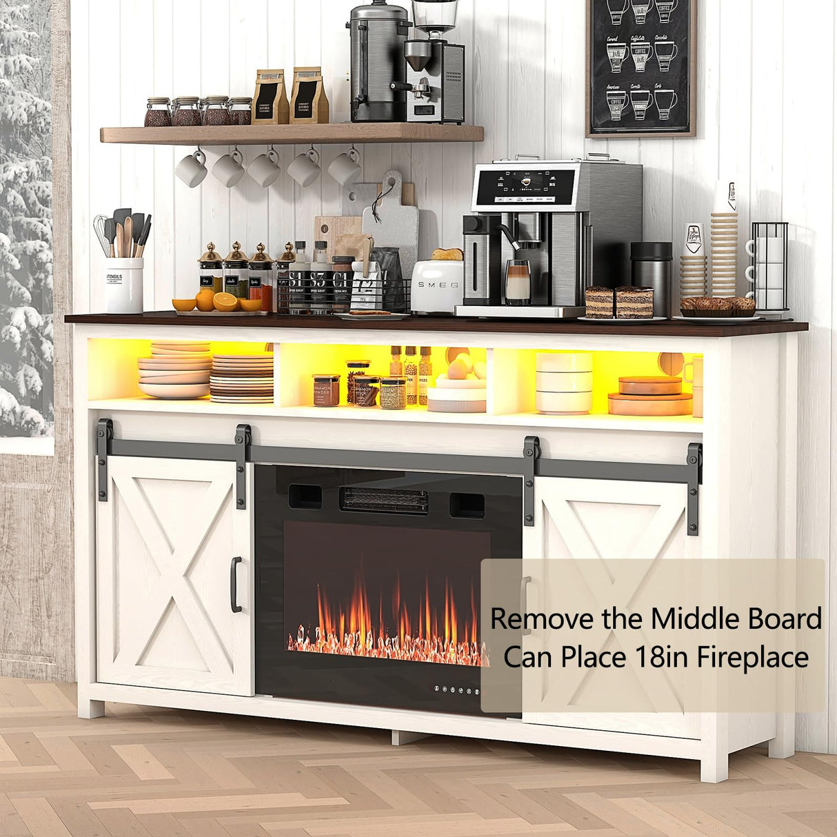 Vinctik 6&Fox 57” Wooden Farmhouse TV Stand for 60/65 inch TV,Double Layer Storage Entertainment Center TV Console Table,w Double-Row Sockets and 2 Sliding Barn Door,Media Cable Box(White) Vinctik 6&Fox