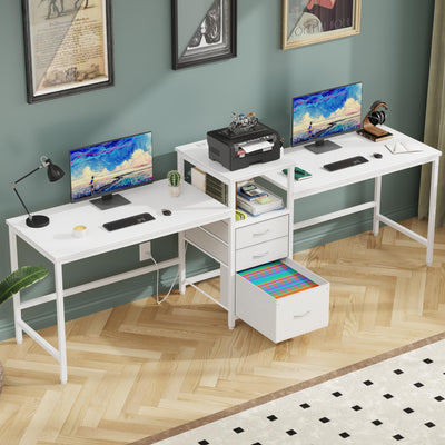GYIIYUO 93'' Two Person Desk with Charging Station, Long Desk with 3 Drawers and Printer Shelf, Double Computer Desk, Fabric Drawers, 2 Person Writing Study Table Workstation for Home Office, White