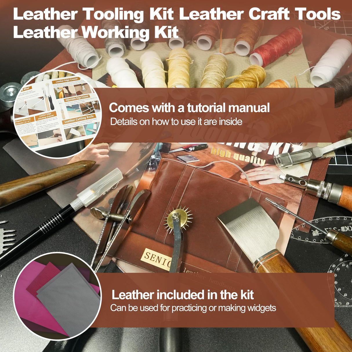 FIOQE 588Pcs Leather Craft Kit with 52 Stamps, 15 Wax Threads, Cutting Mat, 100+ Tools - DIY Leatherworking Set for Bag, Belt, Jacket - Engraving, Punching, Sewing, Stamping Tools for Beginners & Pros Fioqe