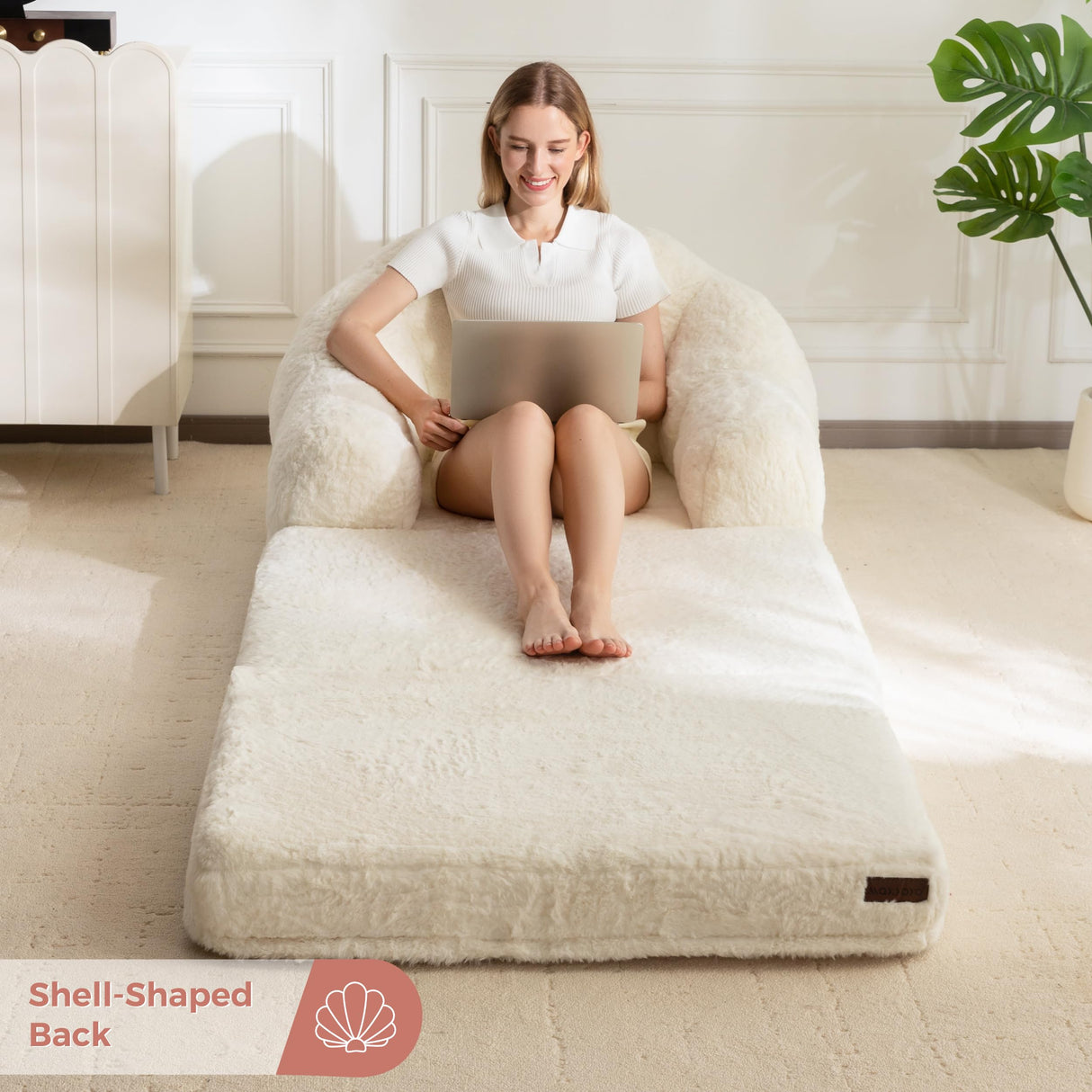 MAXYOYO Folding Sofa Bed, 2 in 1 Convertible Sofa to Lounger Comfy Single Bean Bag Chair for Adults, Floor Sleeper Couch with Handle, Faux Fur Couch Bed for Living Room Bedroom, Beige MAXYOYO