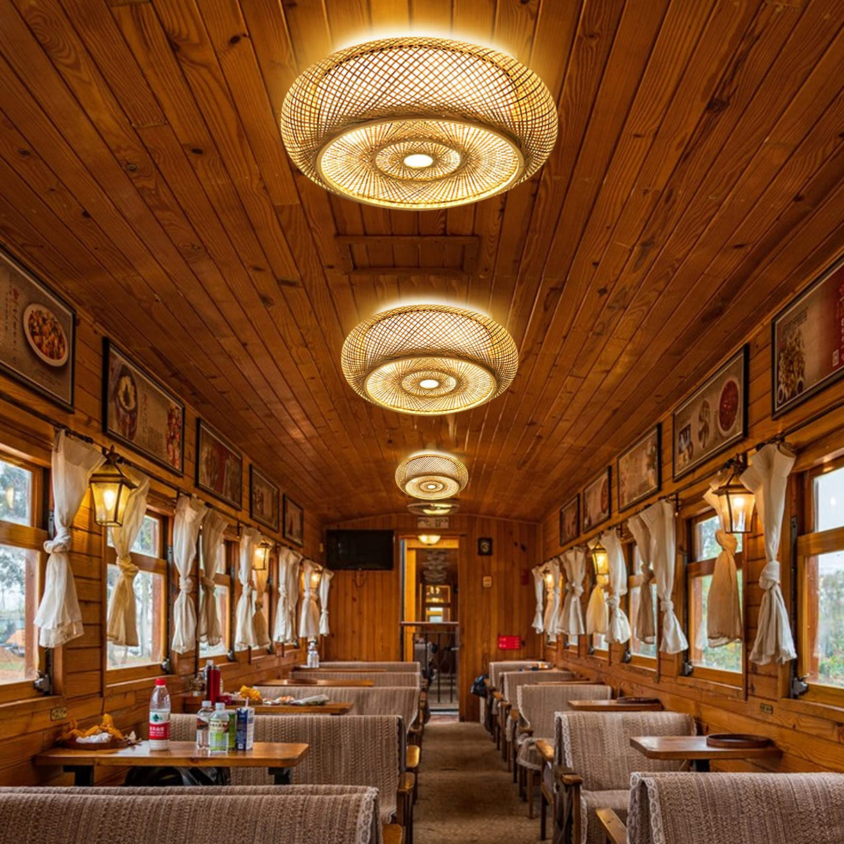 16"Woven Wicker Boho Light Fixtures Ceiling Mount, Hand-Woven Shade Flush Mount Ceiling Light, Farmhouse Rattan Ceiling Light Drum Shade, Flush Mount Chandelier for Bedrooom Nursery Restaurant OUKANING