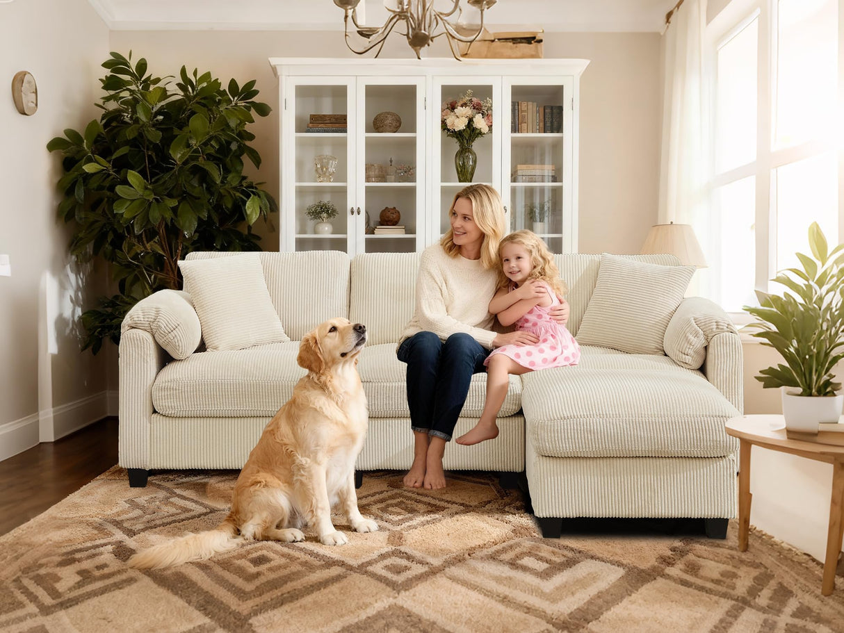 BINGTOO Beige Modular Sectional Sofa with Movable Ottoman, 90” L Shaped Comfy Cloud Couch with 2 Pillows, 3-Seater Deep Seat Sofa for Living Room or Apartment, Beige BINGTOO