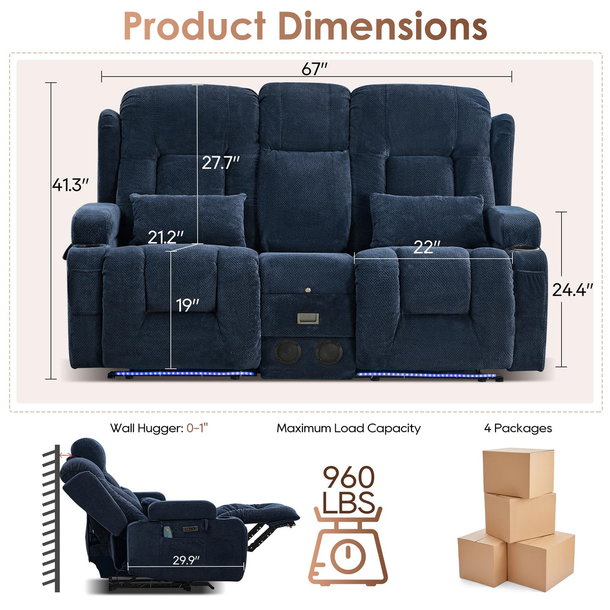 TUNYI Wall Hugger Power Loveseat Recliner - Reclining Loveseat with Console Theater Seating RV Recliner Sofa with USB/Outlet/Speaker/Cup Holder/LED Light/Storage (Beibei VelvetBlue) TUNYI