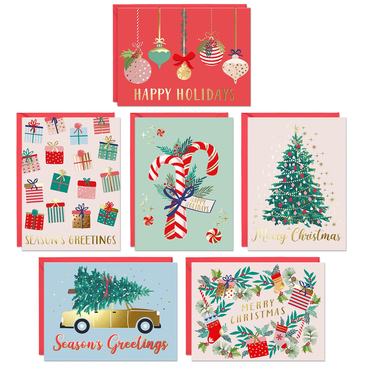 Christmas Cards Set - 24 Gold Foil Holiday Cards with Red Envelopes – 6 Assorted Designs Boxed for Easy Storage - 4.25 x 5.75, Bulk Greeting and New Years Decor Sheets Sweetzer & Orange