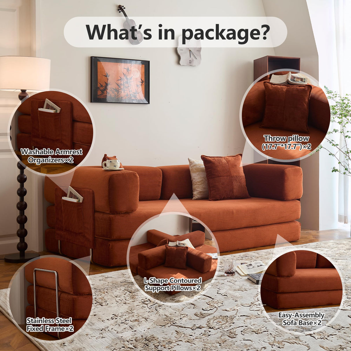 LIAROO 78.8" Convertible Sofa Bed - Compression Sofa with Corduroy Fabric - with Armrests and Backrest - Modular Sectional for Living Room, Bedroom, Studio - Compression Sofa in Box (Orange) LIAROO