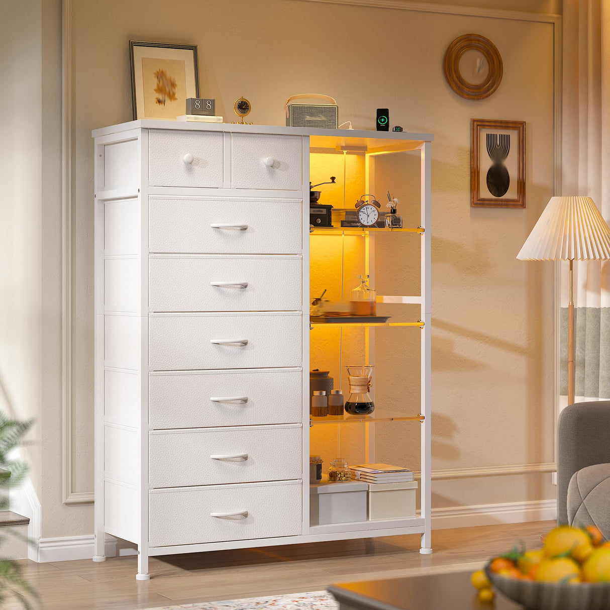 EnHomee Dresser for Bedroom with LED Lights & Power Outlets Dresser with 8 Drawers Fabric Dressers & Chests of Drawers for Bedroom, Sturdy Metal Frame, Acrylic Plates (White) EnHomee