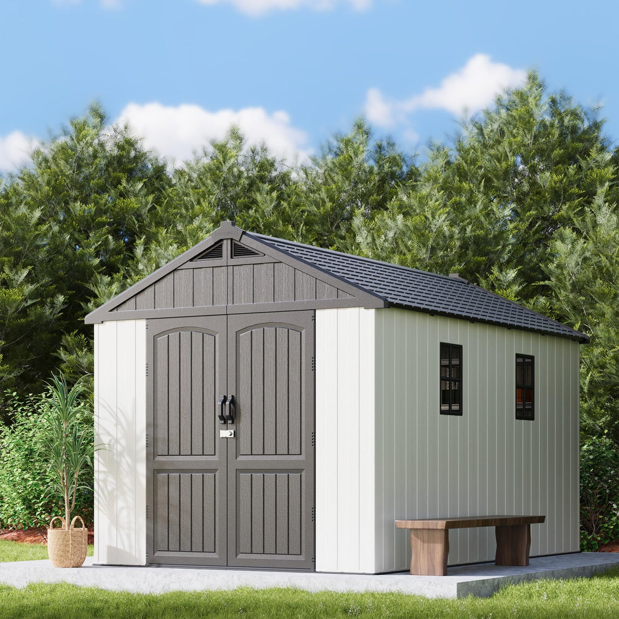 Patiowell 8x12 FT Outdoor Storage Shed, Plastic Shed Resin Garden Shed with Floor & Window & Lockable Door for Patio Furniture, Backyard Tools, Bicycles & Lawnmower, Beige Patiowell