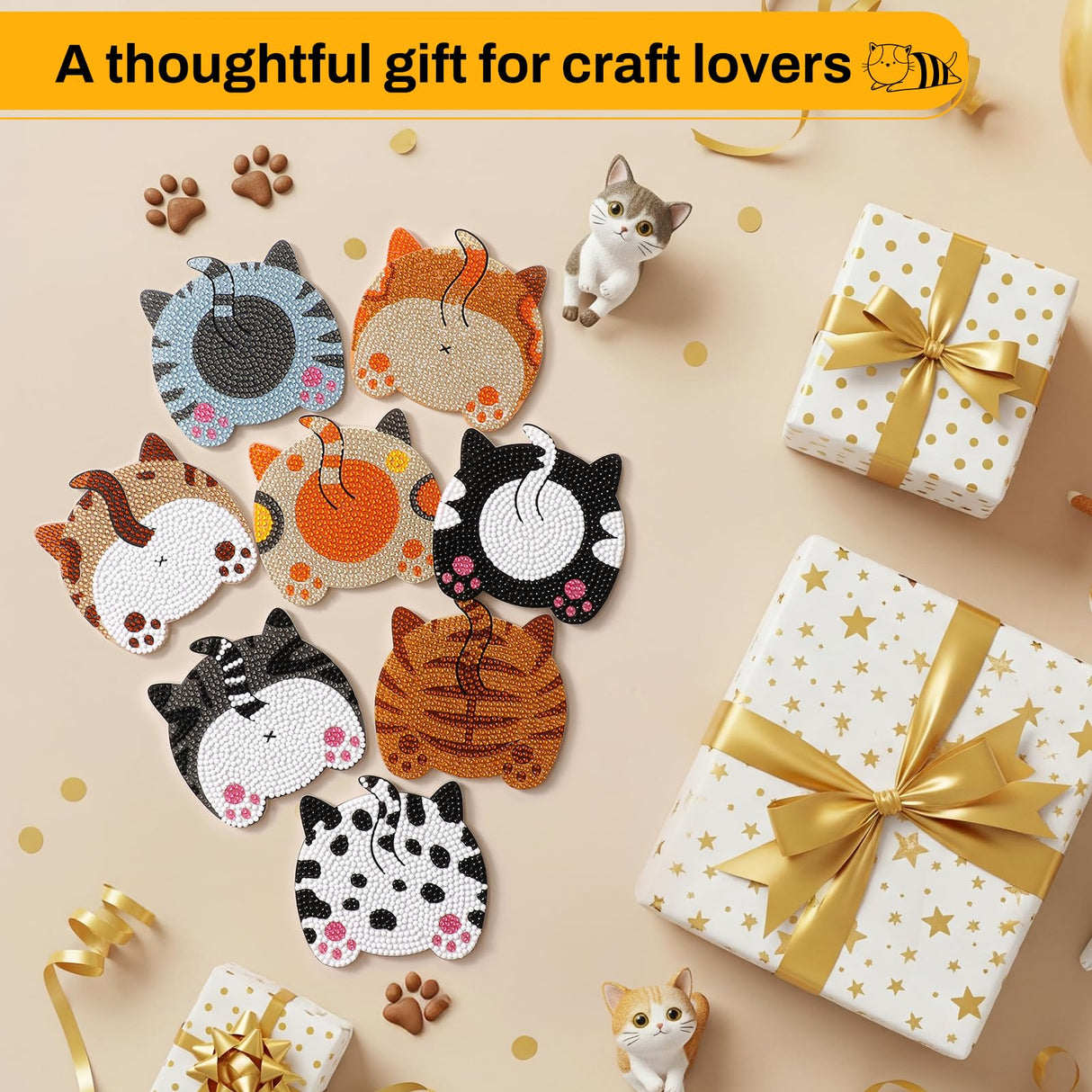 Snuvid Diamond Art Painting Coasters Kits, 8Pcs Cat Butt Coaster with Holder for Adults, Non-Slip DIY Dot Paint Craft Kits, Funny Cat Lover Gifts for Women Snuvid