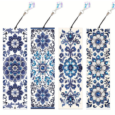 4pcs Diamond Art Bookmark Set - Blue and White Porcelain Pattern, Crystal Water Diamond Art Gift with Diamond Pendant, Suitable for Office, School Reading Enthusiasts, DIY Crafts Gifts, Birthday Gifts