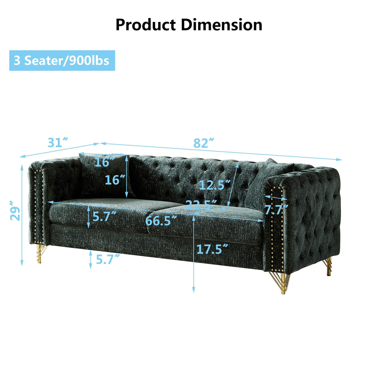 Nestglow Luxury Chenille Buttons Tufted Sofa, 82'' Sectional Sofa, Modern 3 Seater Deep Sectional Couch with Copper Nail Decoration and Gold Metal Legs for Living Room, Bedroom, Apartment, Green Nestglow