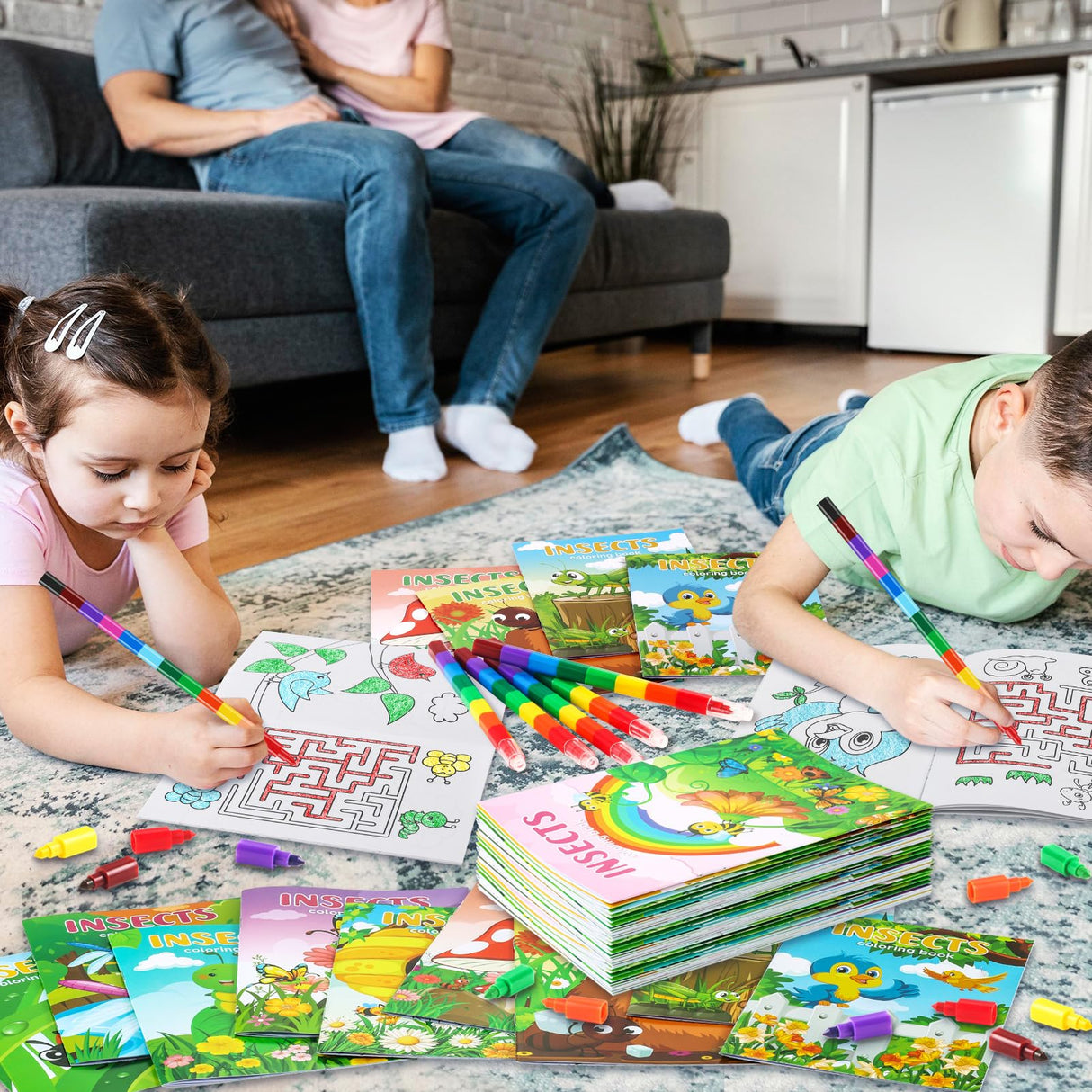 BenLouis 12 Insects Mini Coloring Books Kids with 12 Stacking Crayons Spring Bugs Party Favors Small Activity Books Bulk for Kids Butterfly Bee Party Gift Goodie Bag Stuffers BenLouis
