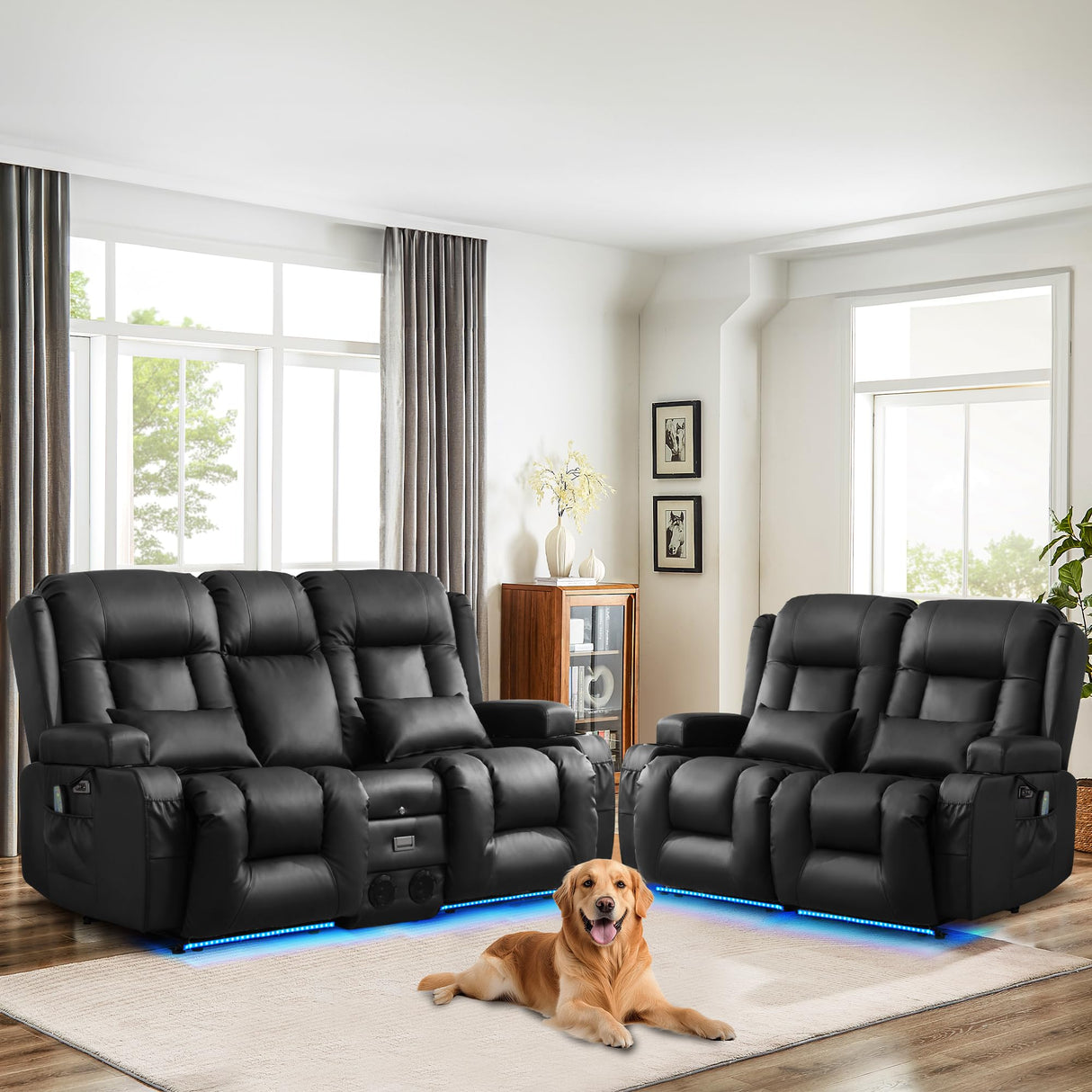 TUNYI Power Loveseat Recliner Sofa, Faux Leather Reclining Sofa with Console RV Reclining Loveseat Couch with USB/Outlet/Storage/Side Pocket/LED Light/Speaker (Black, Loveseat) TUNYI